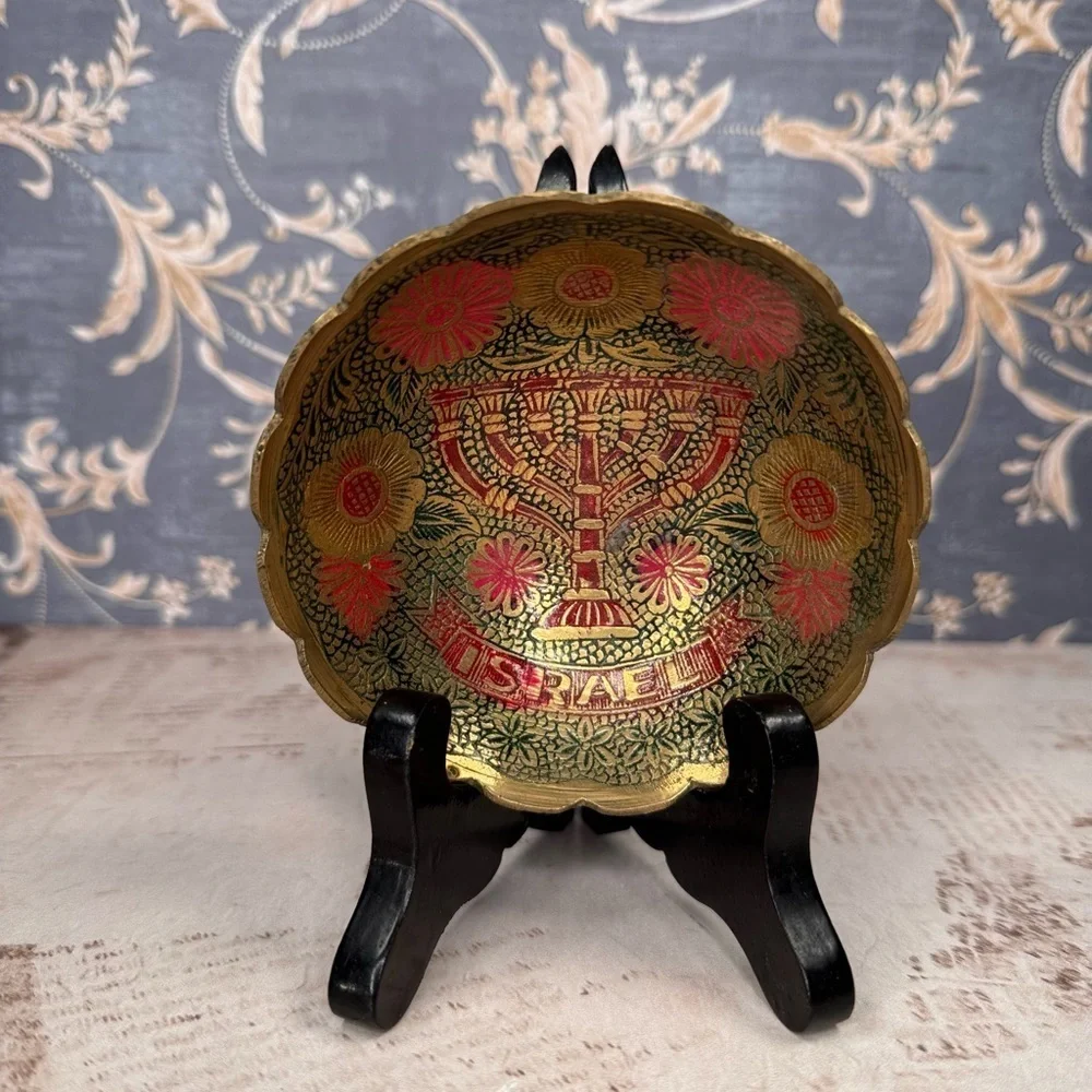 Handmade Israel Brass Menorah Bowl Judaica Holy Land Decor